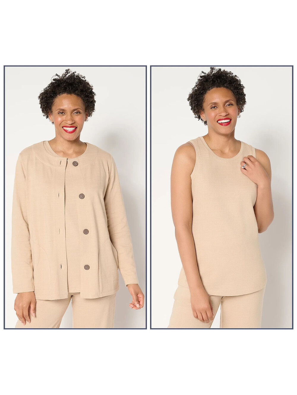 Denim & Co. Active Textured Cotton Cardigan & Tank Twin Set Sand, Petite Large
